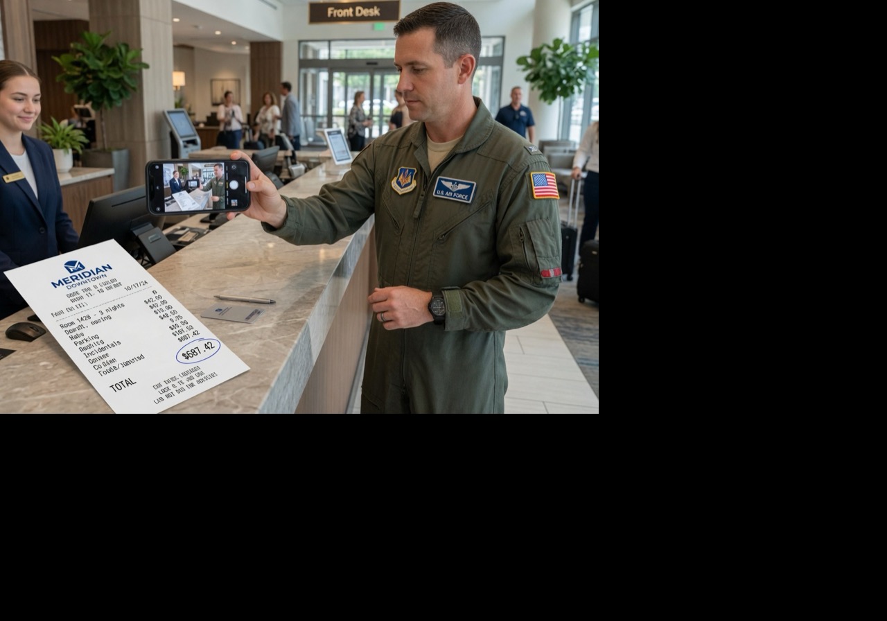 Traveler taking a photo of a hotel folio receipt at checkout